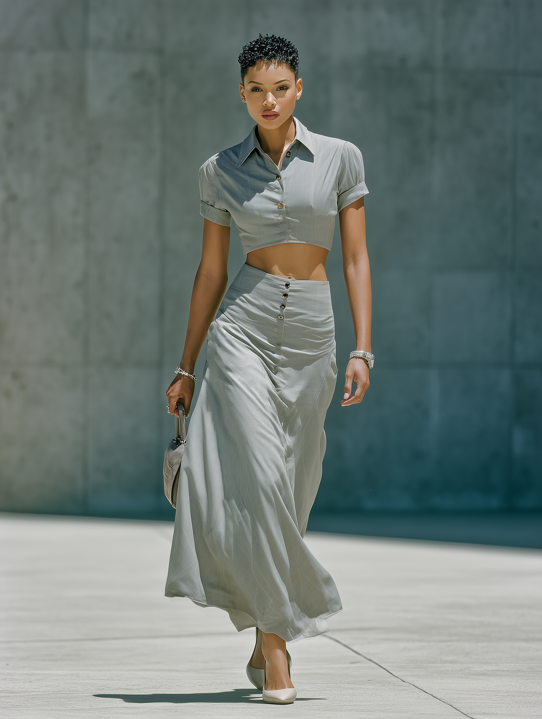Women’s Grey Cropped Button-Down Shirt & High-Waisted Maxi Skirt Two-Piece Set MDZ0882E0T