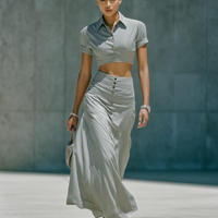 Women’s Grey Cropped Button-Down Shirt & High-Waisted Maxi Skirt Two-Piece Set MDZ0882E0T