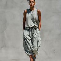 Women’s Grey Sleeveless Tank Top & Cargo Jogger Shorts Two-Piece Set MDZ0853E1T