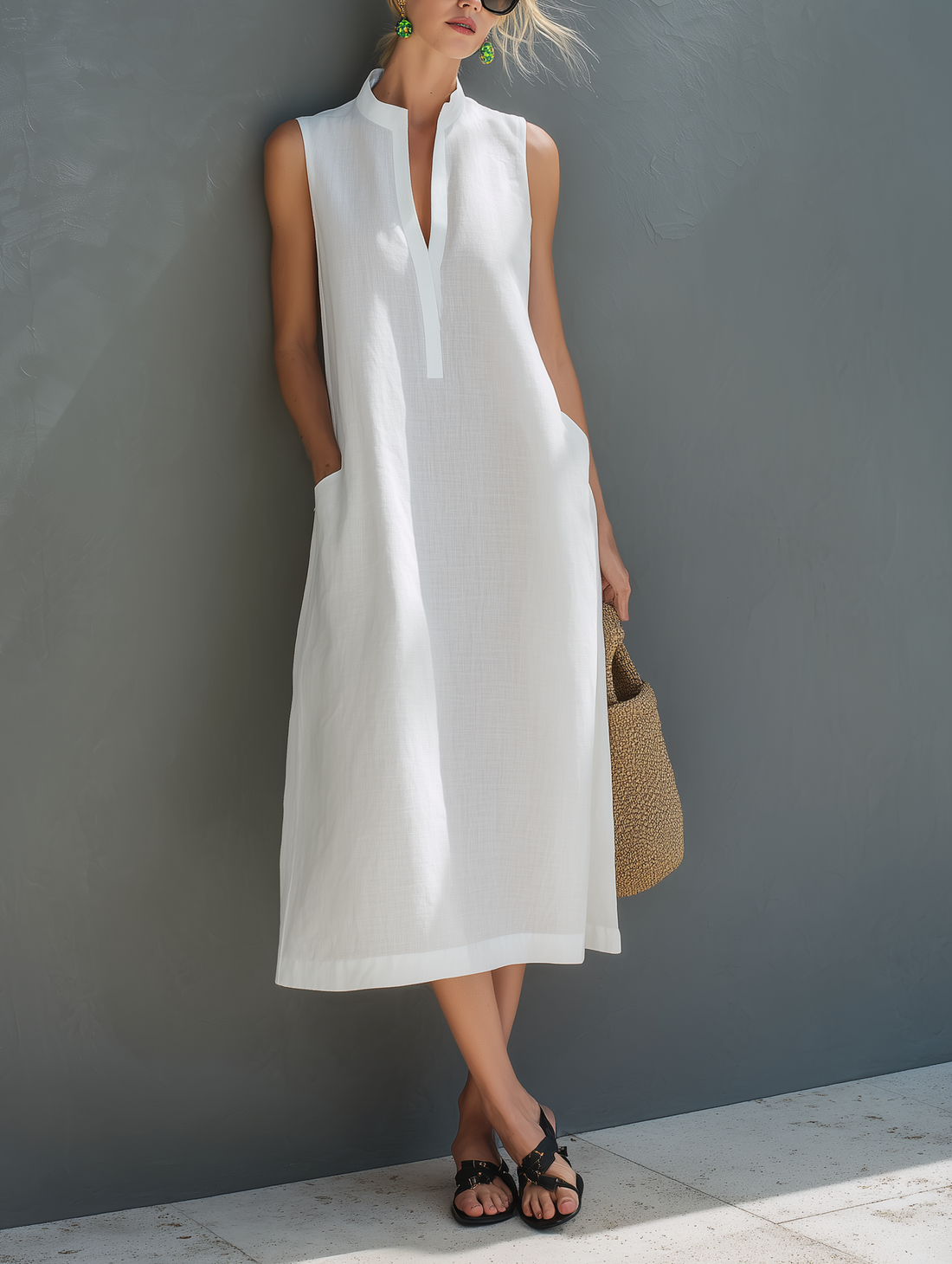 Women's Minimalist White Cotton-Linen Sleeveless Loose Midi Dress MDZ0894E5LXY