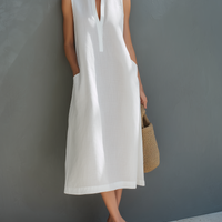 Women's Minimalist White Cotton-Linen Sleeveless Loose Midi Dress MDZ0894E5LXY