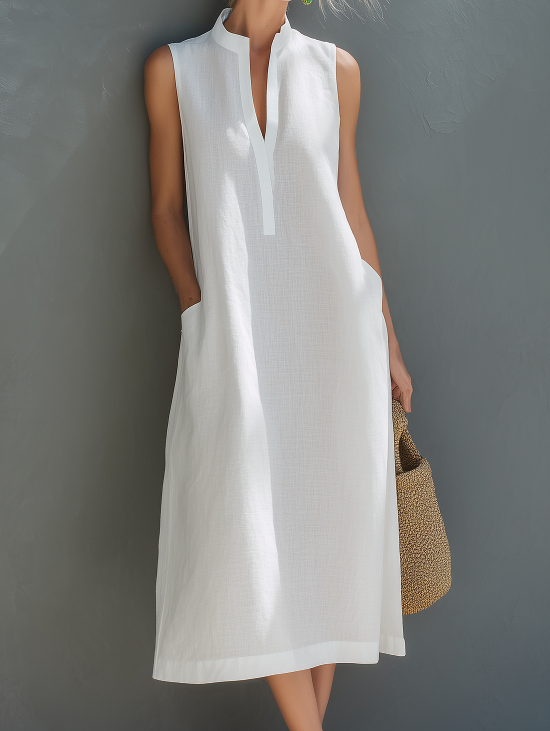 Women's Minimalist White Cotton-Linen Sleeveless Loose Midi Dress MDZ0894E5LXY