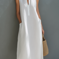 Women's Minimalist White Cotton-Linen Sleeveless Loose Midi Dress MDZ0894E5LXY