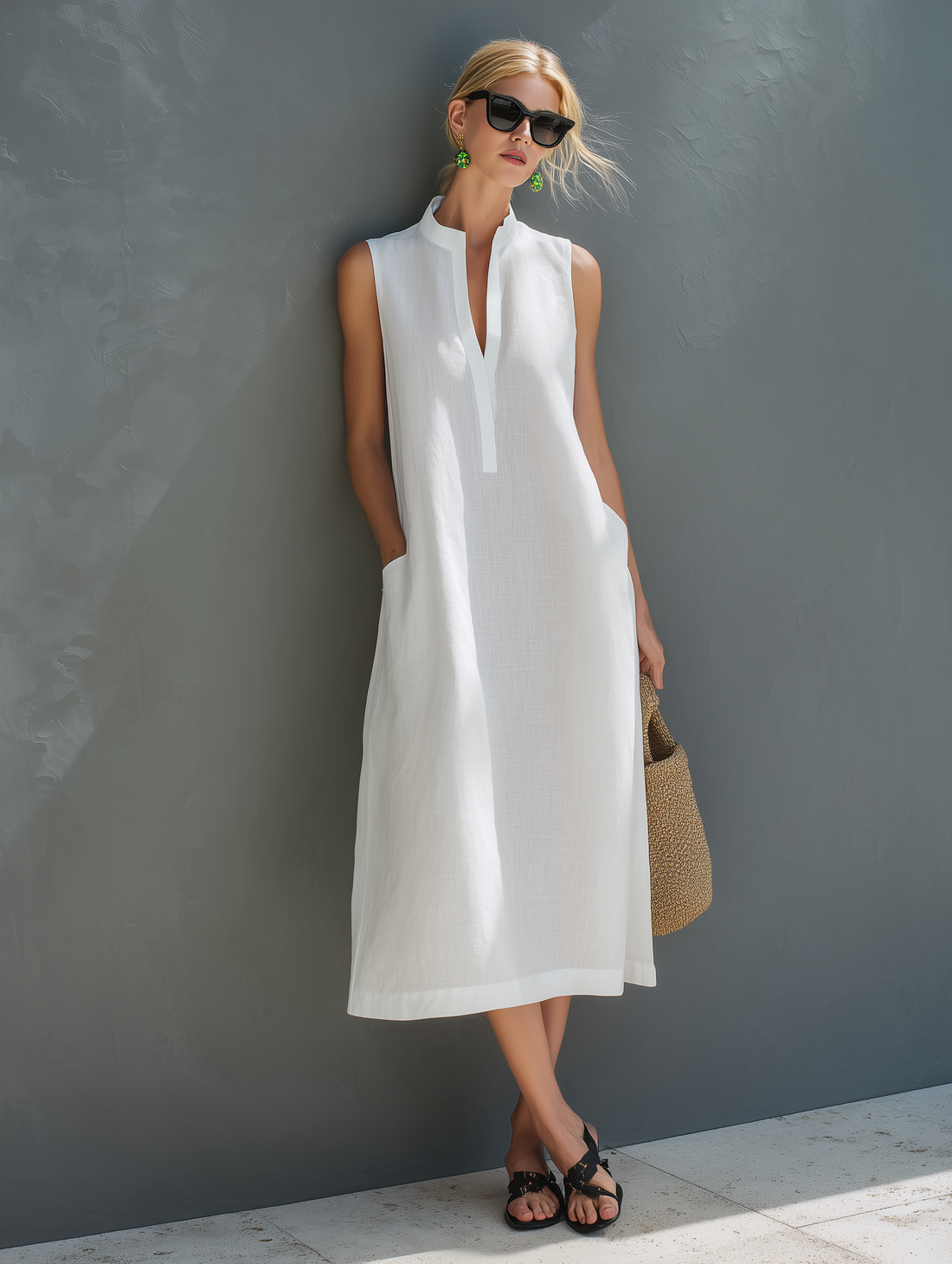 Women's Minimalist White Cotton-Linen Sleeveless Loose Midi Dress MDZ0894E5LXY