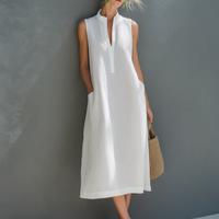 Women's Minimalist White Cotton-Linen Sleeveless Loose Midi Dress MDZ0894E5LXY