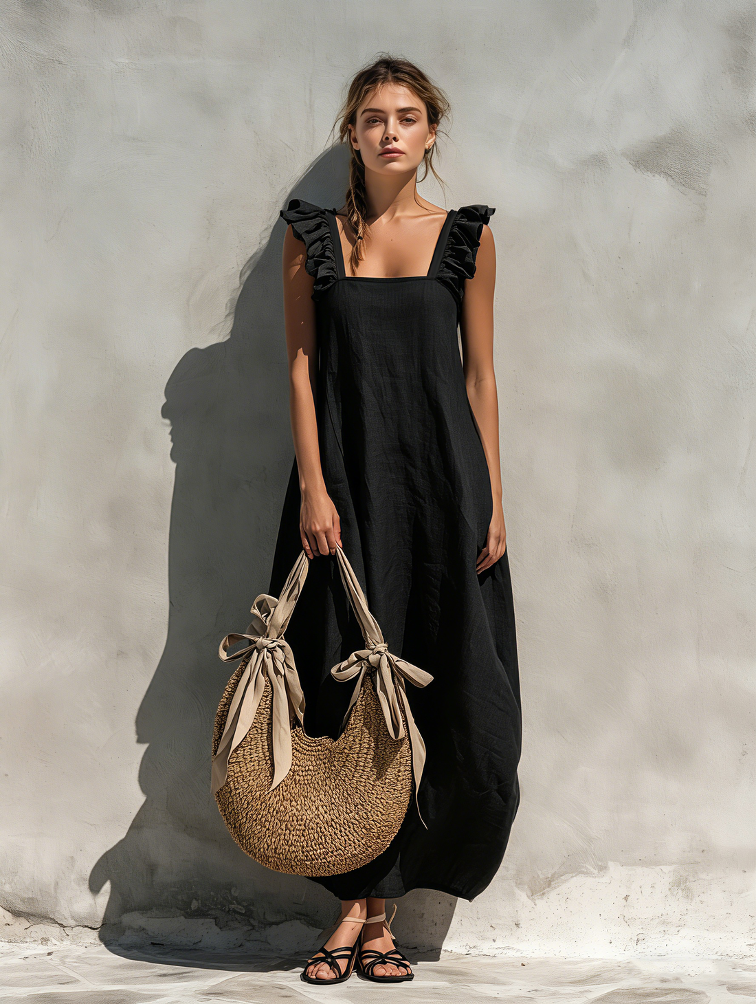 Women's Minimalist Black Cotton-Linen Square-Neck Sleeveless Maxi Dress MDZ0837E0LXY