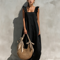 Women's Minimalist Black Cotton-Linen Square-Neck Sleeveless Maxi Dress MDZ0837E0LXY