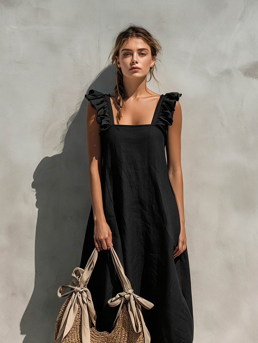 Women's Minimalist Black Cotton-Linen Square-Neck Sleeveless Maxi Dress MDZ0837E0LXY