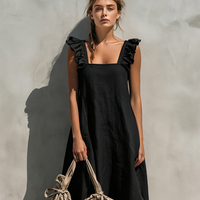 Women's Minimalist Black Cotton-Linen Square-Neck Sleeveless Maxi Dress MDZ0837E0LXY