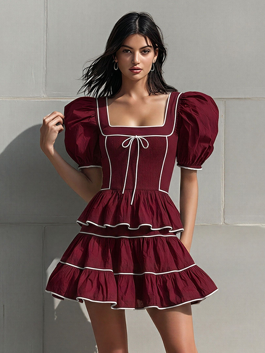 Women's Wine Red Tiered Ruffle Set Skirt With Bow Detail & Puff Sleeves, Timeless Romantic Party Outfits MDZ0803E9LYL