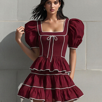Women's Wine Red Tiered Ruffle Set Skirt With Bow Detail & Puff Sleeves, Timeless Romantic Party Outfits MDZ0803E9LYL