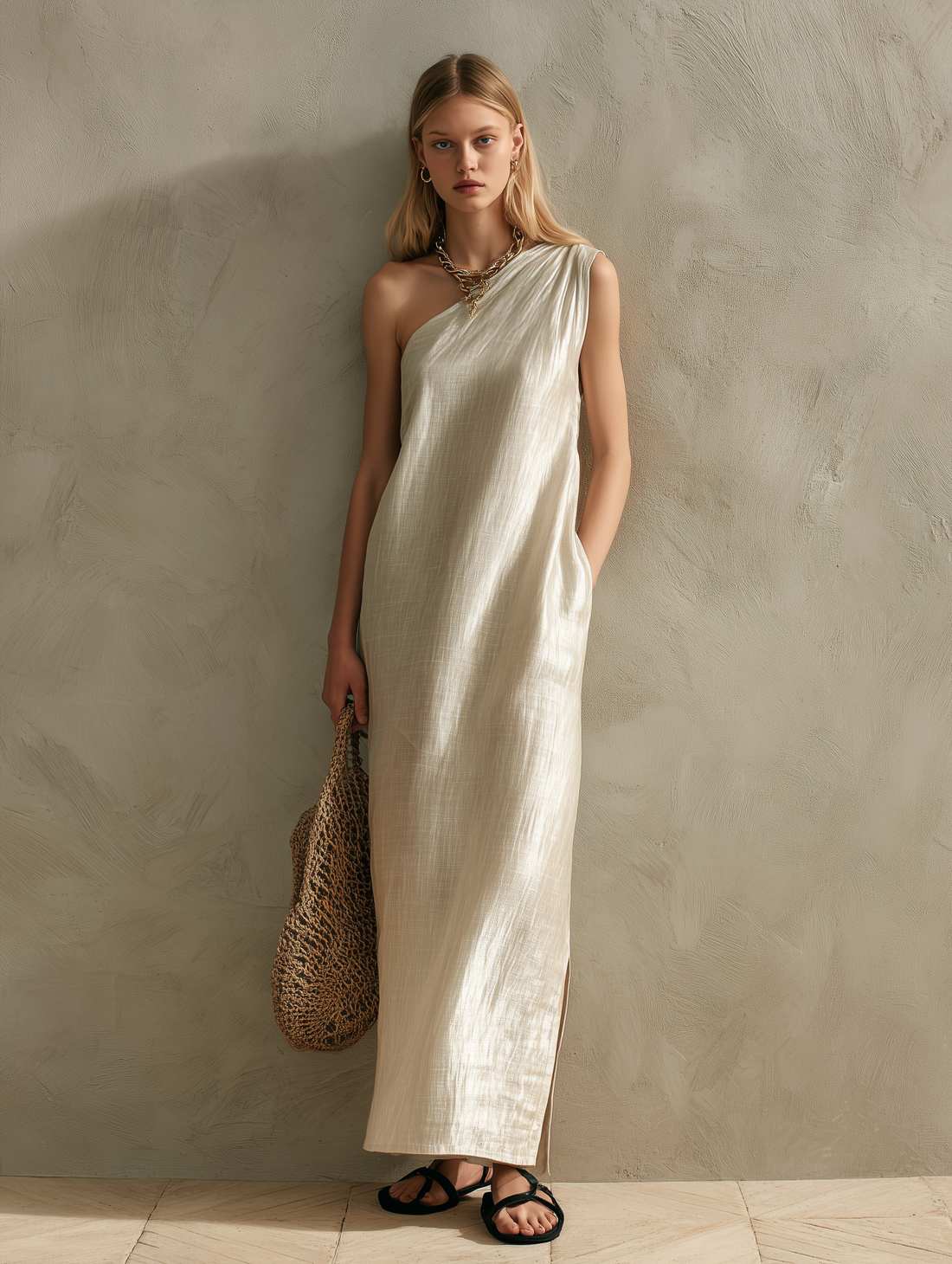 Women's Elegant Pearl White Woven Satin One-Shoulder Sleeveless Maxi Dress MDZ0835E6LXY