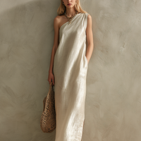 Women's Elegant Pearl White Woven Satin One-Shoulder Sleeveless Maxi Dress MDZ0835E6LXY