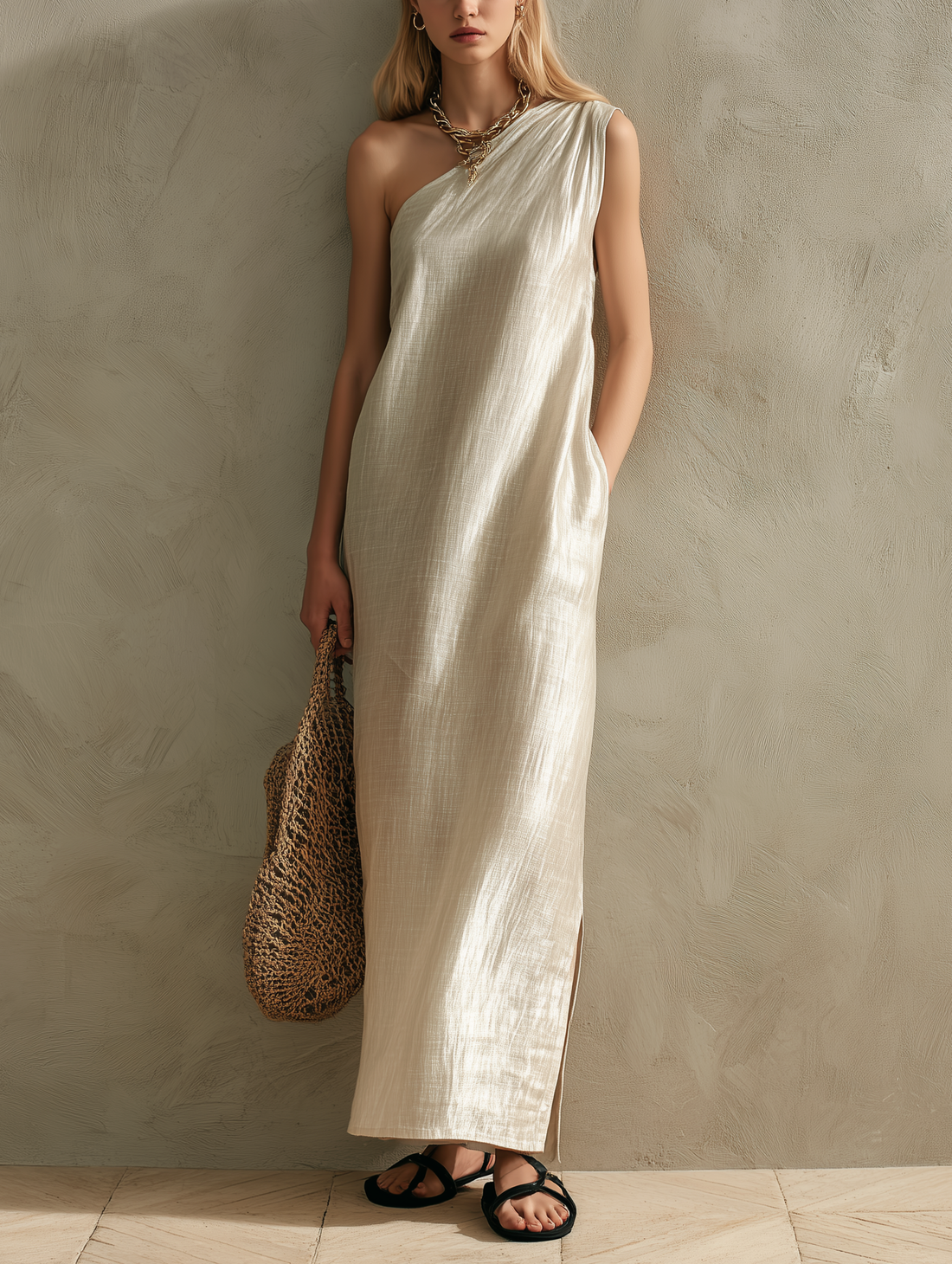 Women's Elegant Pearl White Woven Satin One-Shoulder Sleeveless Maxi Dress MDZ0835E6LXY