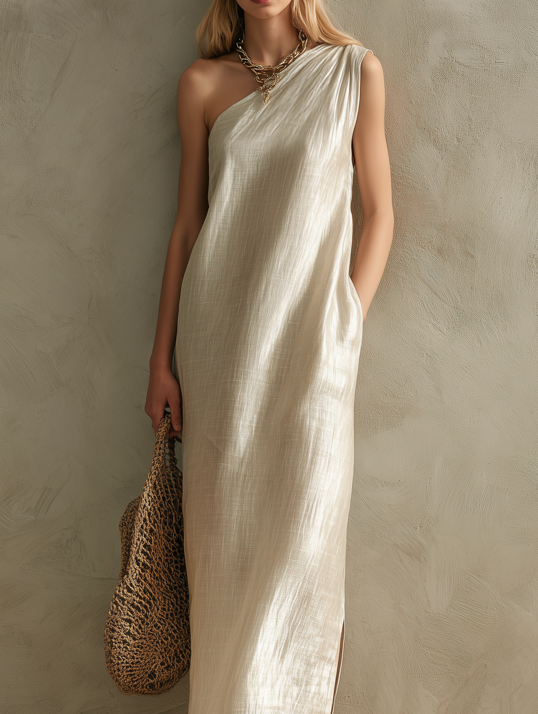 Women's Elegant Pearl White Woven Satin One-Shoulder Sleeveless Maxi Dress MDZ0835E6LXY