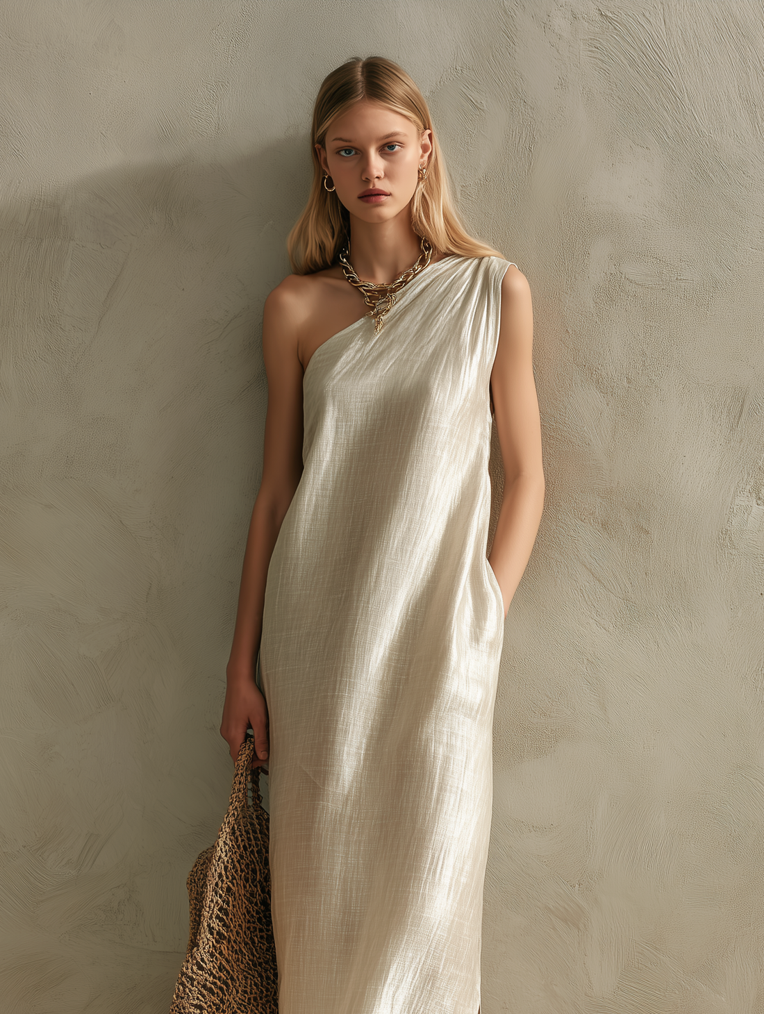 Women's Elegant Pearl White Woven Satin One-Shoulder Sleeveless Maxi Dress MDZ0835E6LXY
