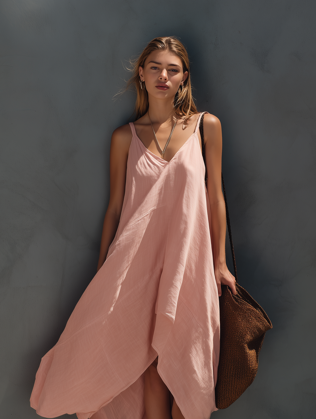 Women's Elegant Pink Cotton-Linen Strappy Sleeveless Midi Dress MDZ0828E8LXY