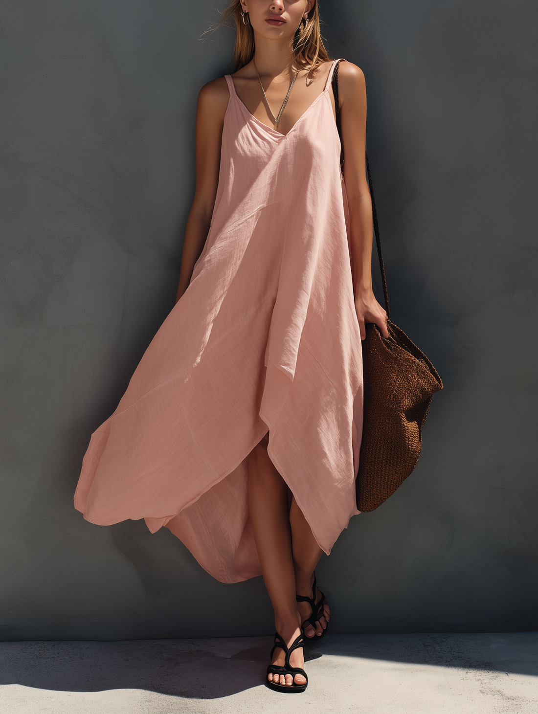 Women's Elegant Pink Cotton-Linen Strappy Sleeveless Midi Dress MDZ0828E8LXY