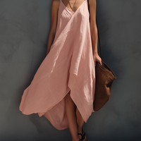 Women's Elegant Pink Cotton-Linen Strappy Sleeveless Midi Dress MDZ0828E8LXY