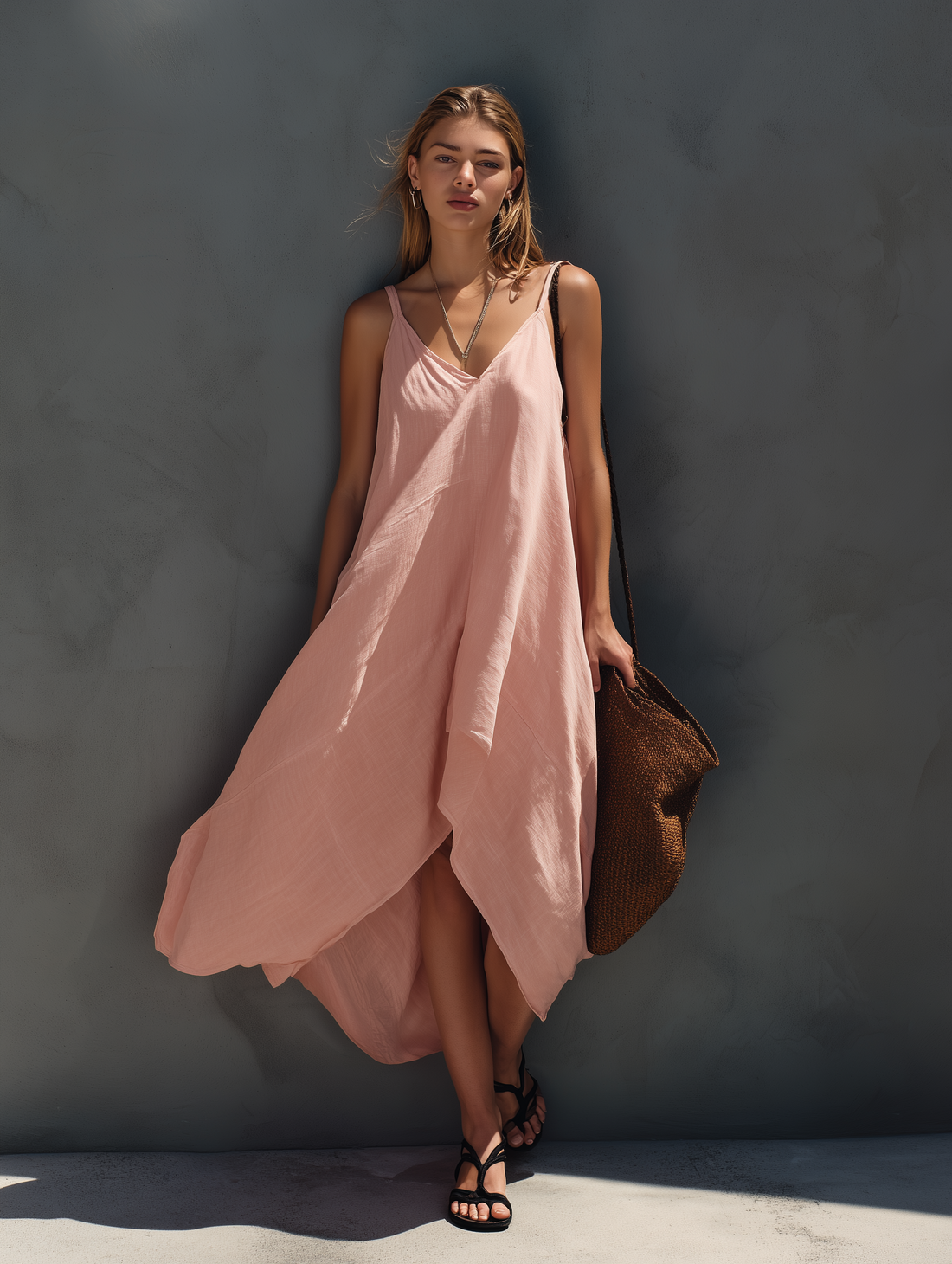 Women's Elegant Pink Cotton-Linen Strappy Sleeveless Midi Dress MDZ0828E8LXY