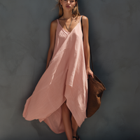 Women's Elegant Pink Cotton-Linen Strappy Sleeveless Midi Dress MDZ0828E8LXY
