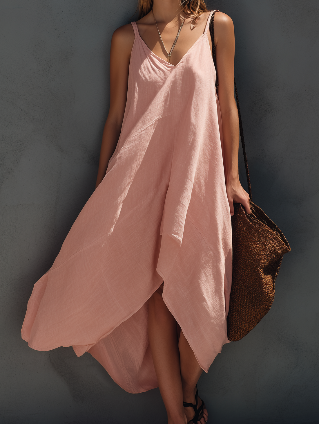 Women's Elegant Pink Cotton-Linen Strappy Sleeveless Midi Dress MDZ0828E8LXY