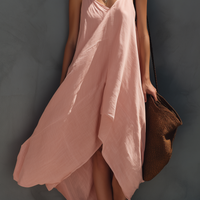 Women's Elegant Pink Cotton-Linen Strappy Sleeveless Midi Dress MDZ0828E8LXY