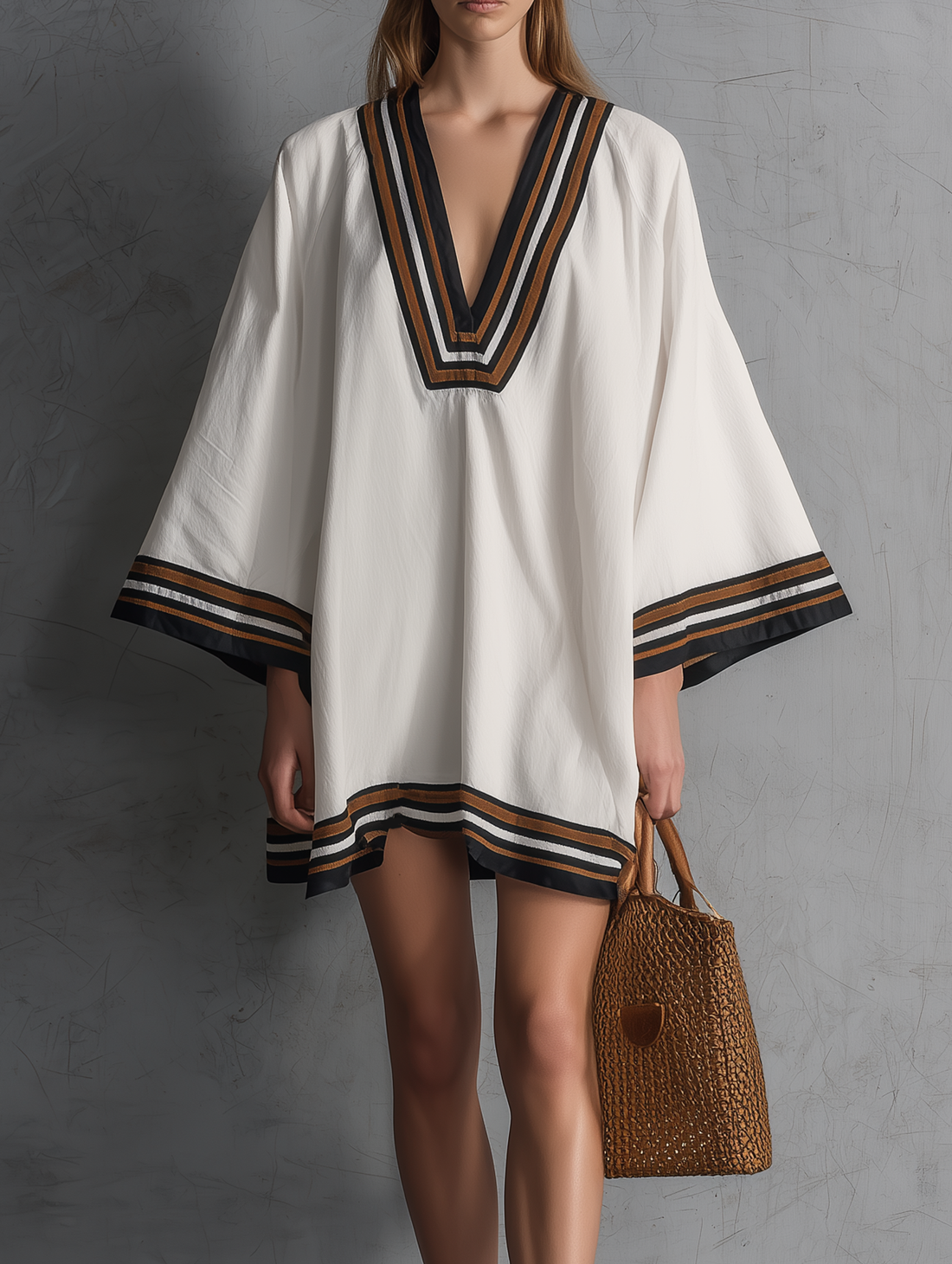 Women's Casual White Woven V-Neck Short Dress With Mid-Length Sleeves MDZ0865E5LXY