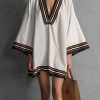 Women's Casual White Woven V-Neck Short Dress With Mid-Length Sleeves MDZ0865E5LXY