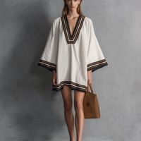 Women's Casual White Woven V-Neck Short Dress With Mid-Length Sleeves MDZ0865E5LXY