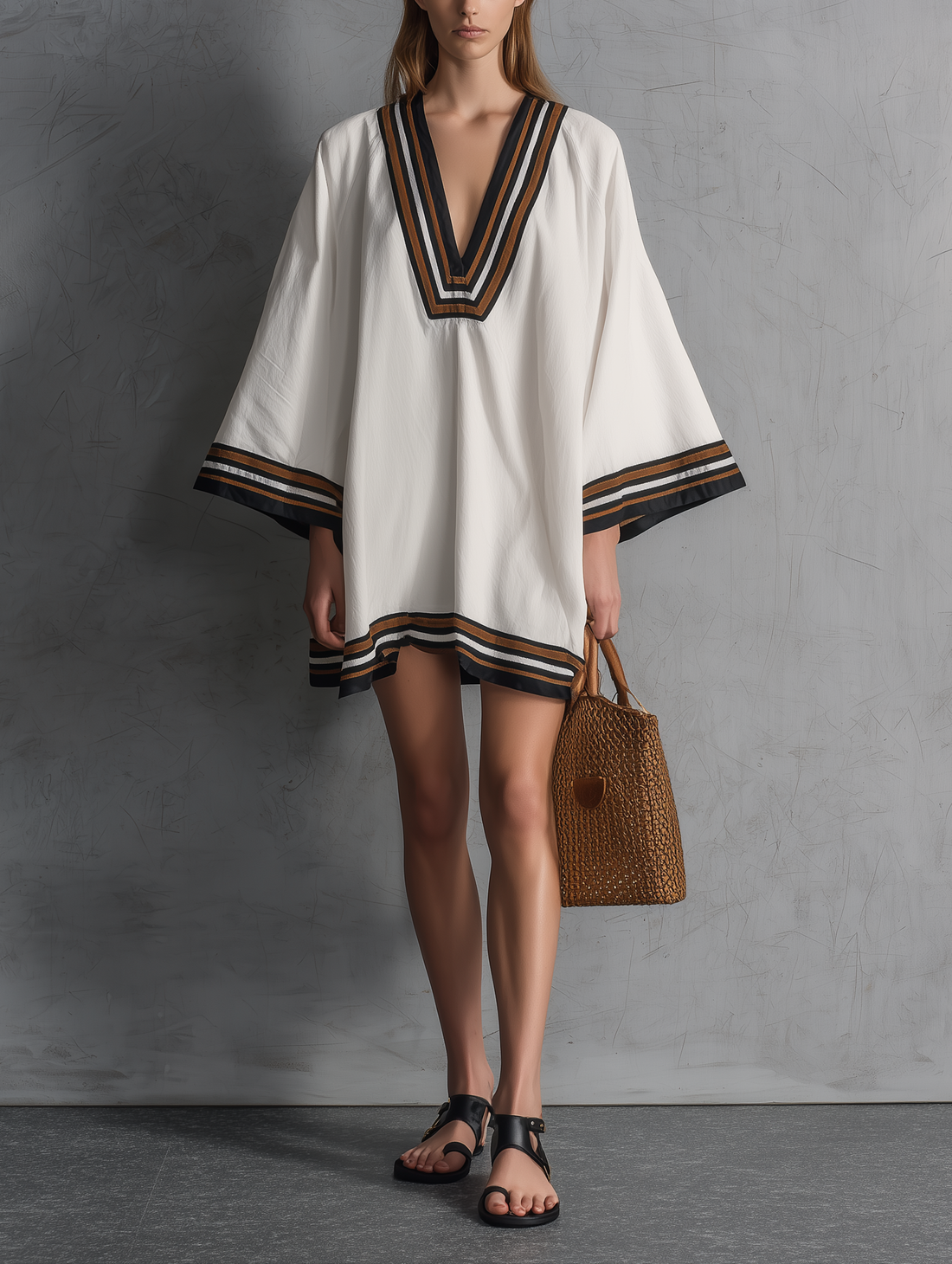Women's Casual White Woven V-Neck Short Dress With Mid-Length Sleeves MDZ0865E5LXY