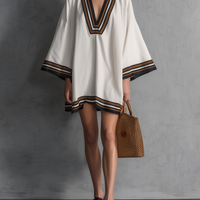 Women's Casual White Woven V-Neck Short Dress With Mid-Length Sleeves MDZ0865E5LXY