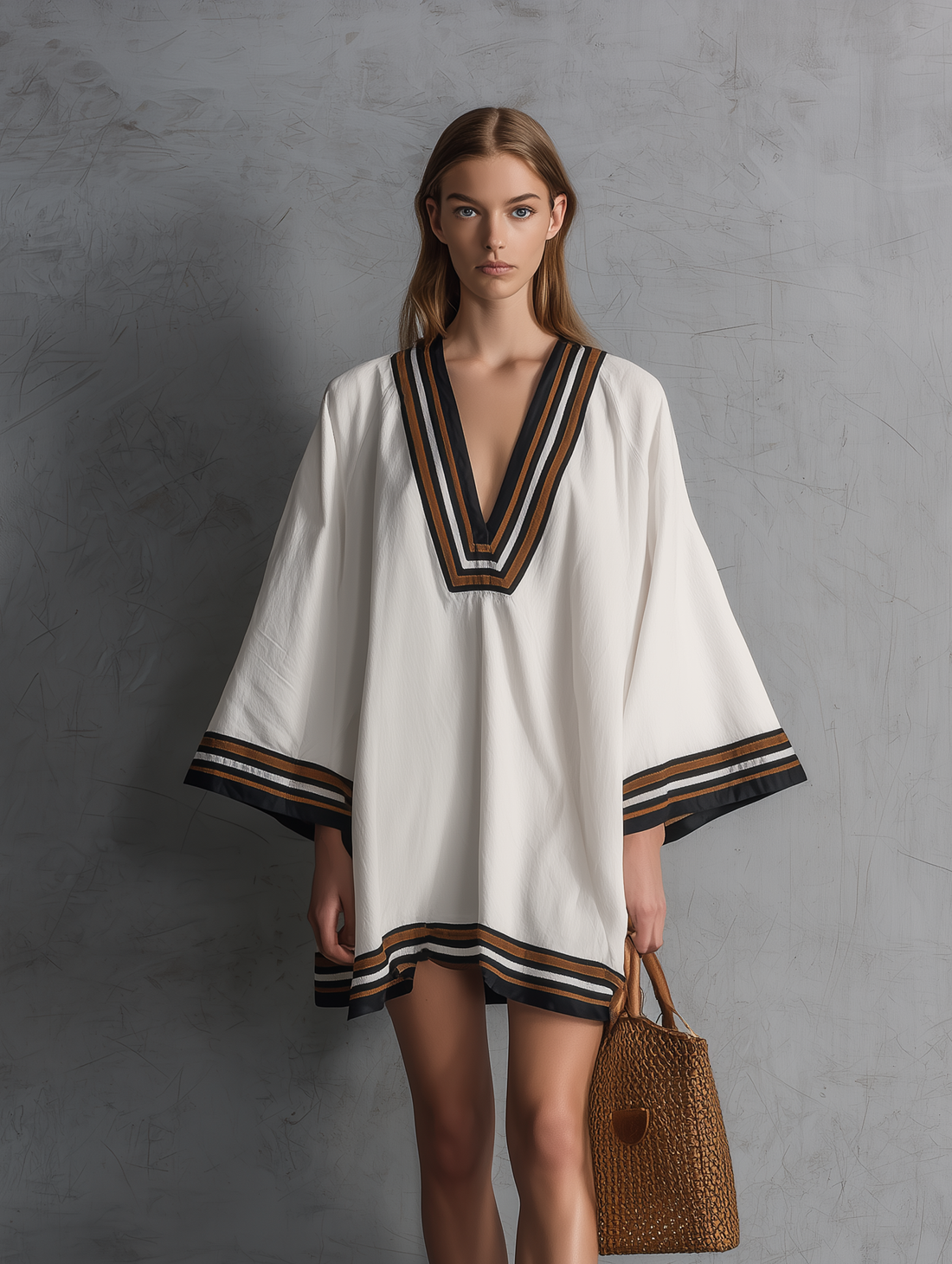 Women's Casual White Woven V-Neck Short Dress With Mid-Length Sleeves MDZ0865E5LXY