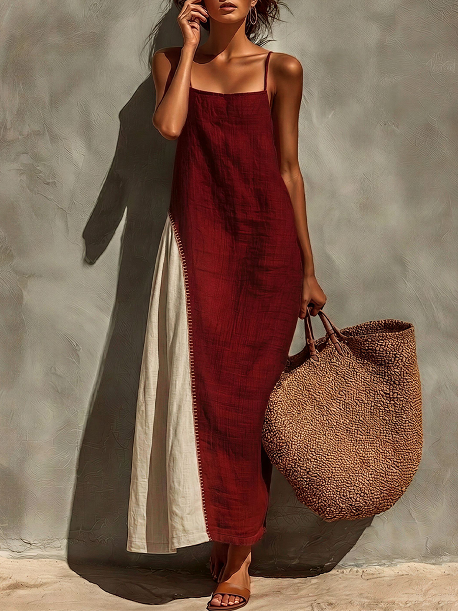 Women's Burgundy Linen-Blend Maxi Dress With Contrast Panel & Spaghetti Straps, Timeless Bohemian Summer Dress MDZ0839E9LYL