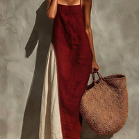 Women's Burgundy Linen-Blend Maxi Dress With Contrast Panel & Spaghetti Straps, Timeless Bohemian Summer Dress MDZ0839E9LYL