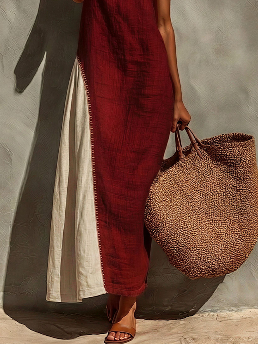 Women's Burgundy Linen-Blend Maxi Dress With Contrast Panel & Spaghetti Straps, Timeless Bohemian Summer Dress MDZ0839E9LYL