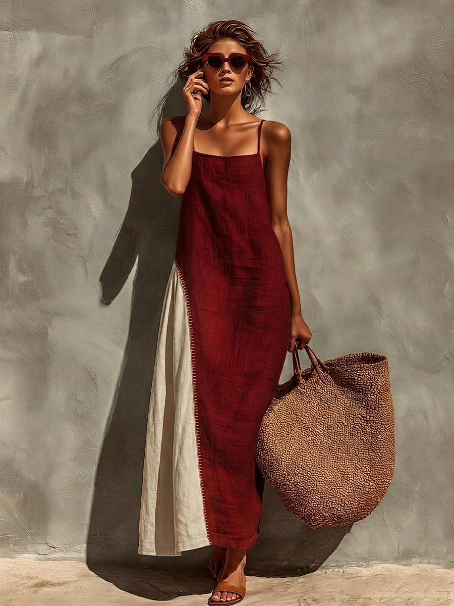 Women's Burgundy Linen-Blend Maxi Dress With Contrast Panel & Spaghetti Straps, Timeless Bohemian Summer Dress MDZ0839E9LYL