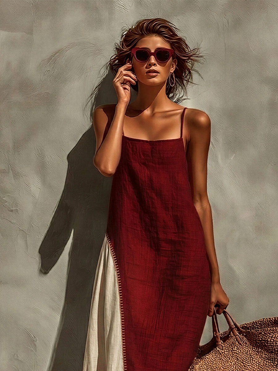 Women's Burgundy Linen-Blend Maxi Dress With Contrast Panel & Spaghetti Straps, Timeless Bohemian Summer Dress MDZ0839E9LYL