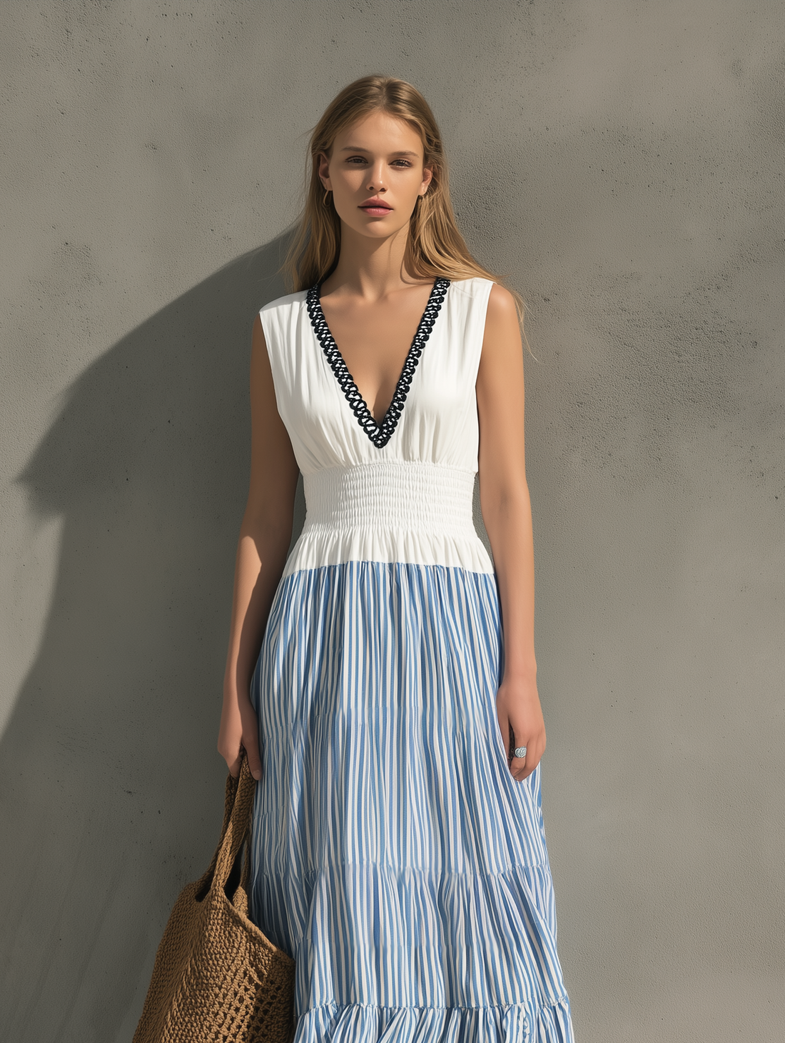 Women's Elegant White  Woven & Embroidered V-Neck Sleeveless Maxi Dress MDZ0853E9LXY