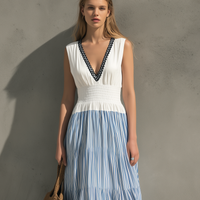 Women's Elegant White  Woven & Embroidered V-Neck Sleeveless Maxi Dress MDZ0853E9LXY