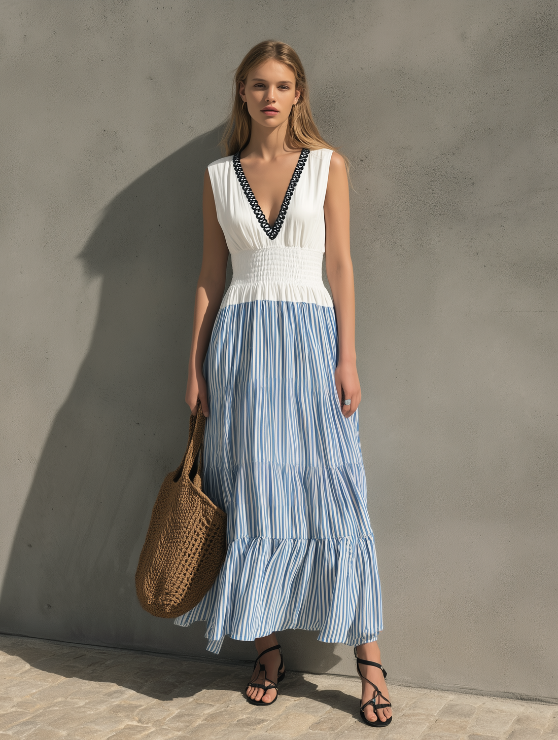 Women's Elegant White  Woven & Embroidered V-Neck Sleeveless Maxi Dress MDZ0853E9LXY