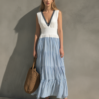 Women's Elegant White  Woven & Embroidered V-Neck Sleeveless Maxi Dress MDZ0853E9LXY