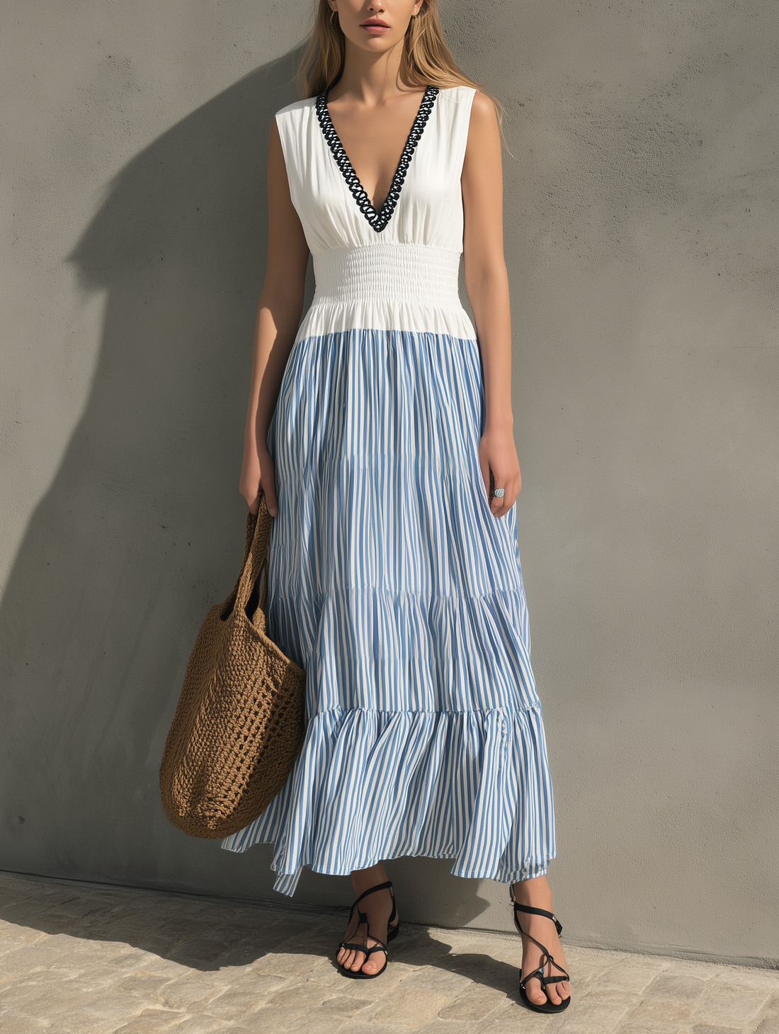 Women's Elegant White  Woven & Embroidered V-Neck Sleeveless Maxi Dress MDZ0853E9LXY