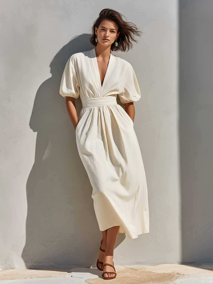 Women's Off-White Linen-Blend Midi Dress With V-Neck & Puff Sleeves, Timeless Minimalist Summer Dress MDZ0826E0LYL