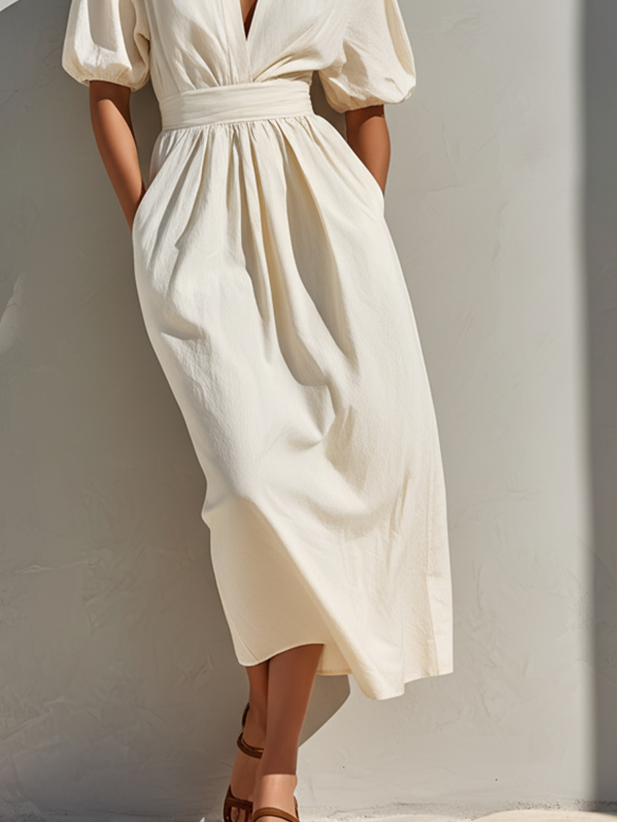 Women's Off-White Linen-Blend Midi Dress With V-Neck & Puff Sleeves, Timeless Minimalist Summer Dress MDZ0826E0LYL