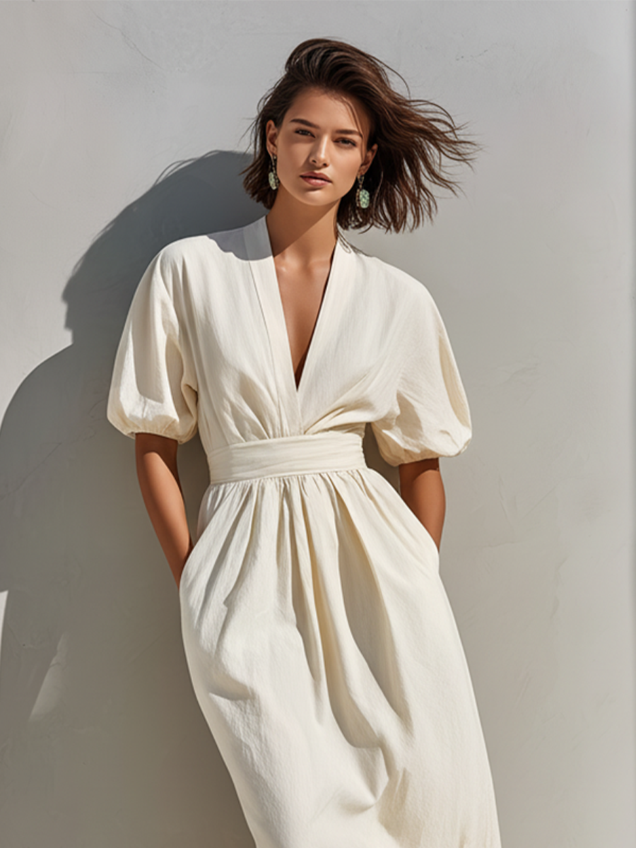 Women's Off-White Linen-Blend Midi Dress With V-Neck & Puff Sleeves, Timeless Minimalist Summer Dress MDZ0826E0LYL