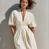 Women's Off-White Linen-Blend Midi Dress With V-Neck & Puff Sleeves, Timeless Minimalist Summer Dress MDZ0826E0LYL