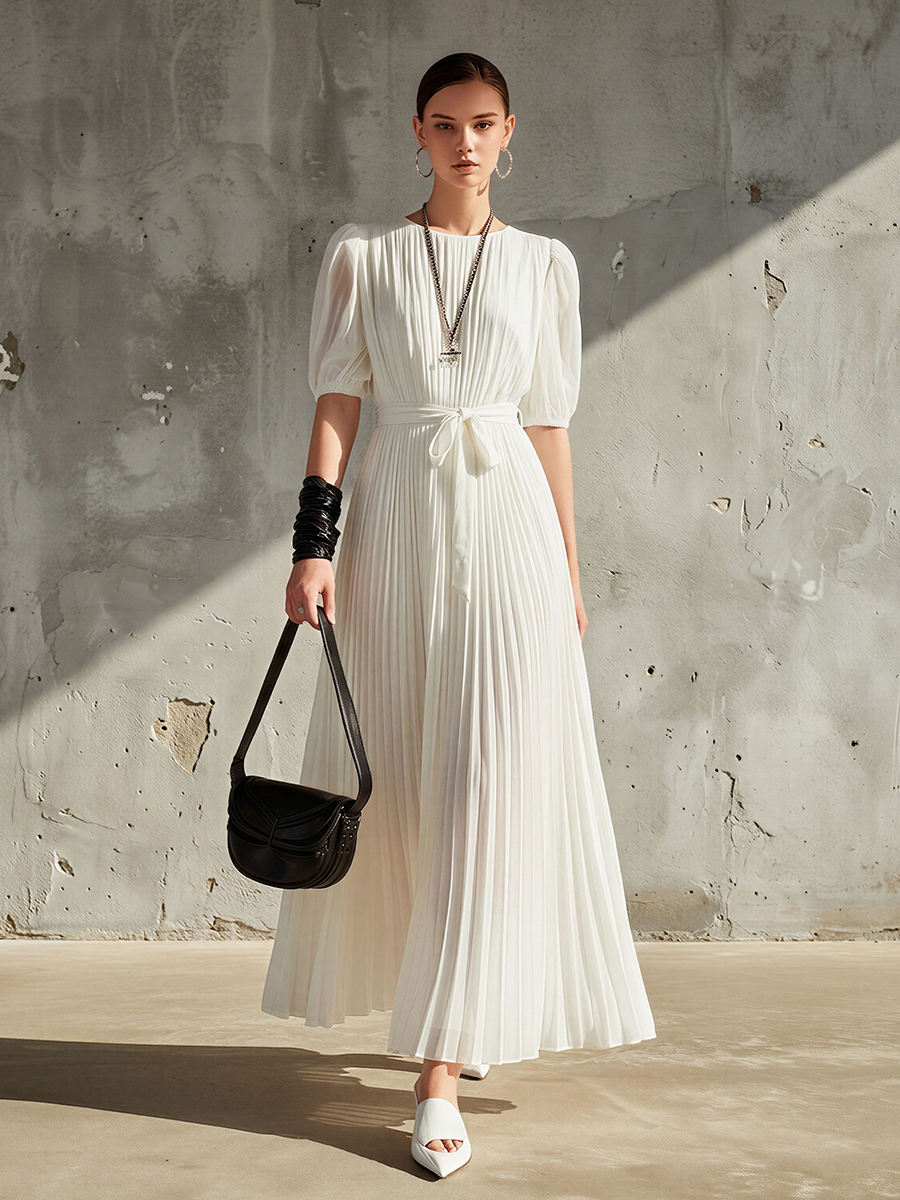 Women's White Chiffon Pleated Maxi Dress With Puff Sleeves & Waist Tie, Contemporary Minimalist Formal Dress MDZ0827E7LYL