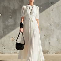 Women's White Chiffon Pleated Maxi Dress With Puff Sleeves & Waist Tie, Contemporary Minimalist Formal Dress MDZ0827E7LYL