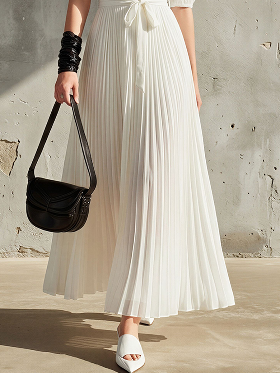 Women's White Chiffon Pleated Maxi Dress With Puff Sleeves & Waist Tie, Contemporary Minimalist Formal Dress MDZ0827E7LYL